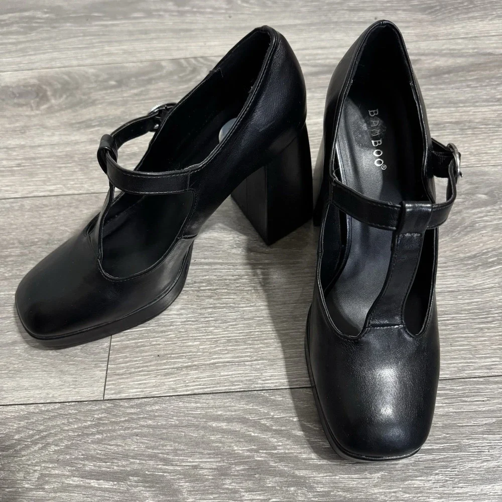 BAMBOO Black Academia Platform Mary Jane Pumps Chucky‎ Heel 9 Faux Leather Y2K